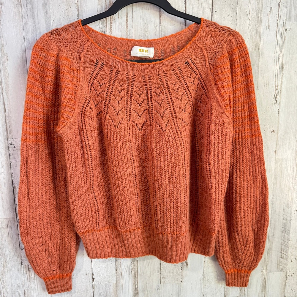 Maeve‎ Sweater Women Small Orange Anthropologie Lindsey Pointelle Alpaca Peasant